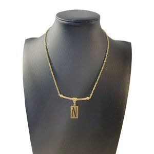 Vintage Initial‎ N Classic Pendant Bar Choker Collar Gold Tone Necklace 16 Inch